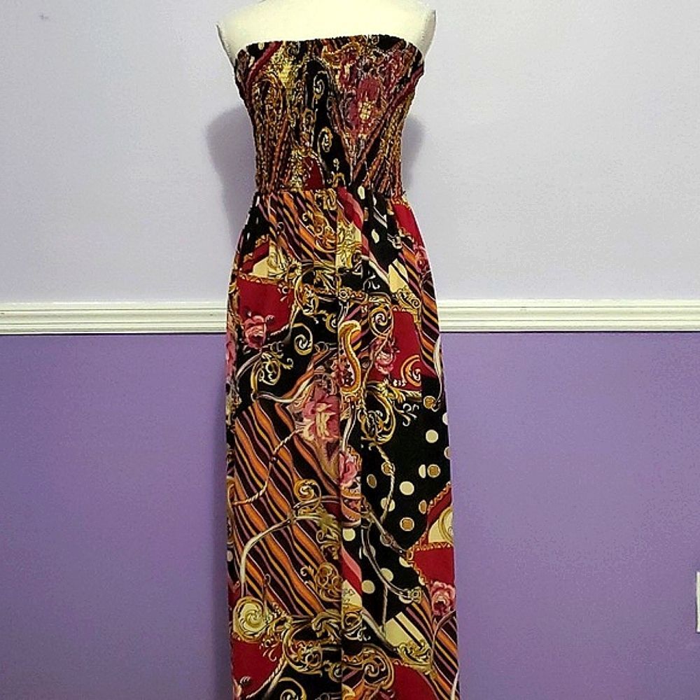 Mlle Gabrielle Boho Funky Colorful Mixedprint Smocked Strapless Maxi Dress M